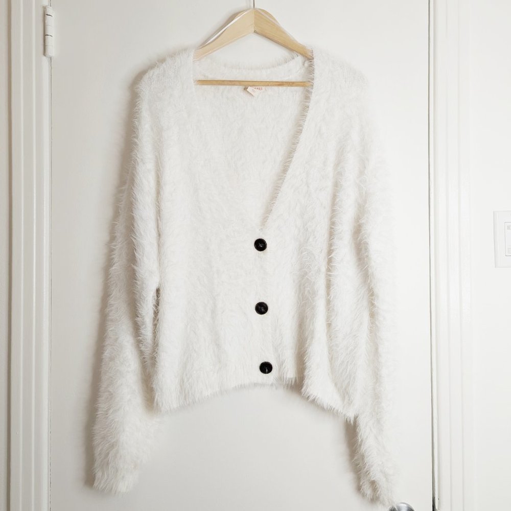NWOT: Oversized dropped shoulder white fuzzy cardigan